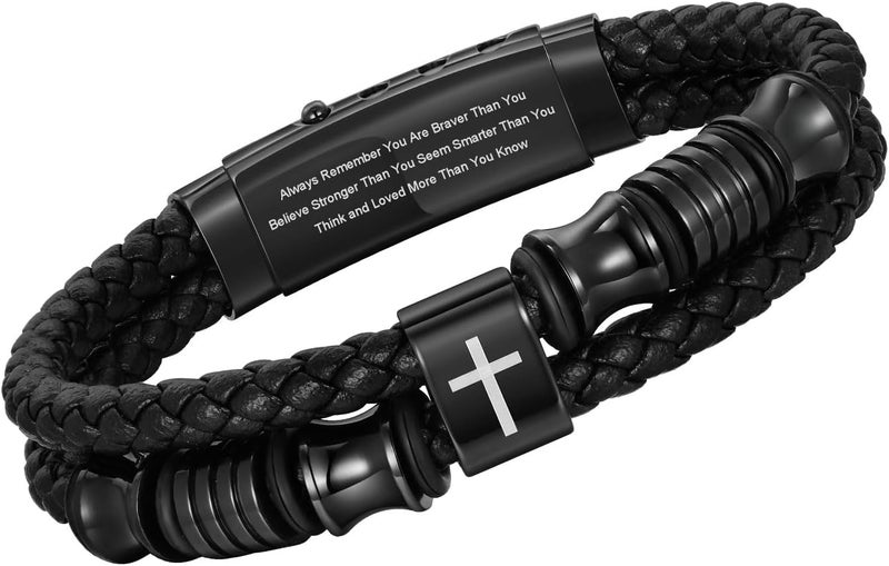 TempBeau Store Christian Black Leather Bracelet for Men - Double-Row Braided Leather Faith Cross Bracelets for Men Jewelry Gift Religious Baptism Easter Gifts for Young Men Teenage,Adjustable Wristband - Image 1